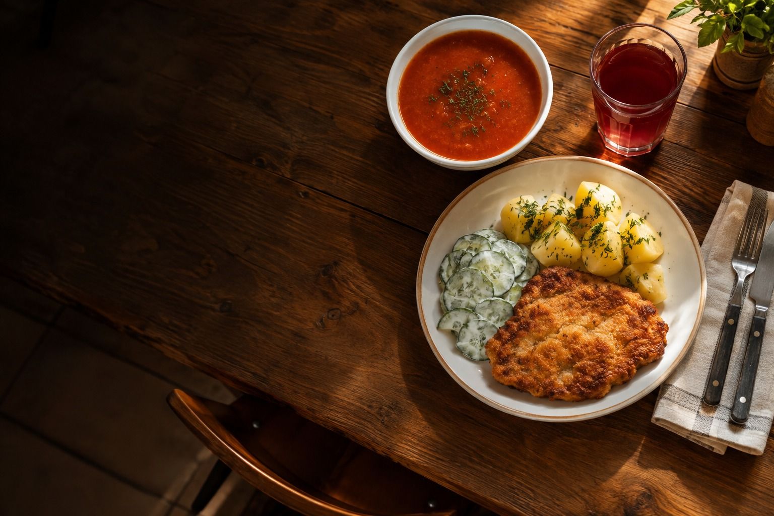 Obiad dnia: zupa pomidorowa, kotlet schabowy z ziemniakami i mizerią, kompot